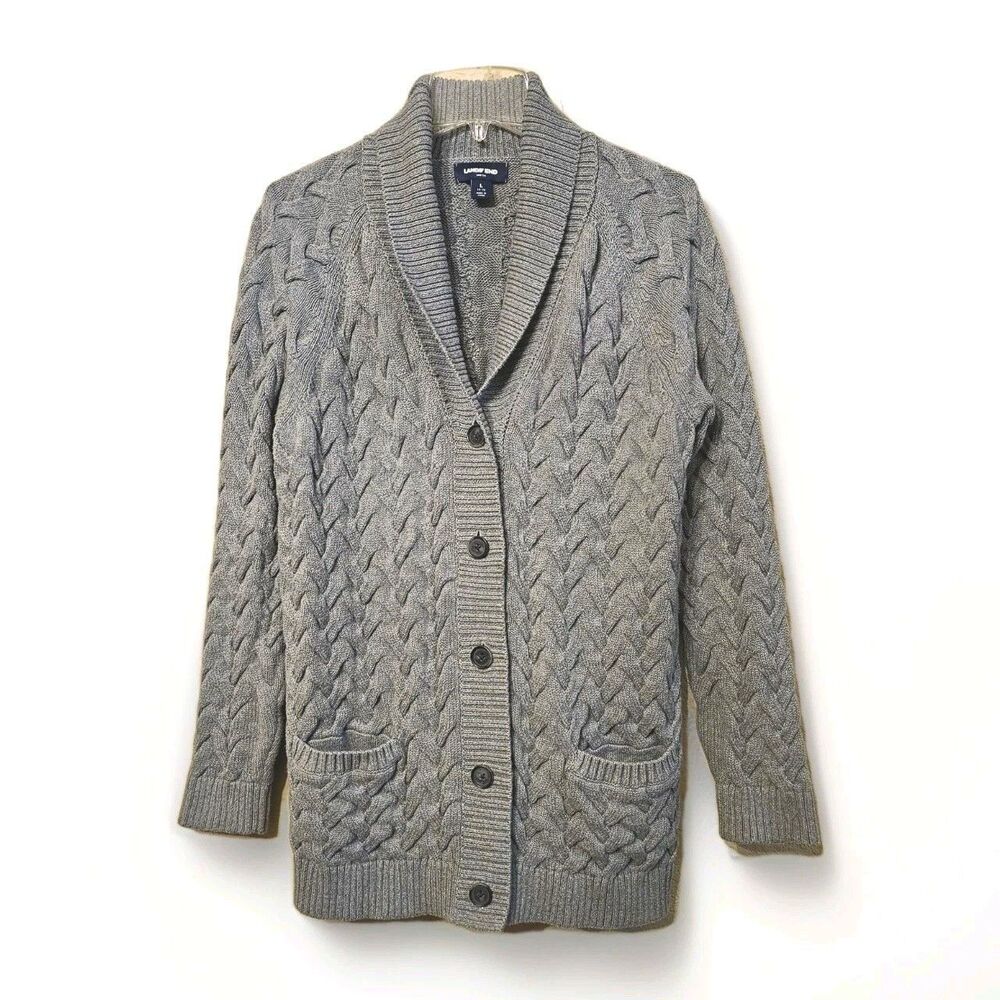 L.L. Bean Drifter Women's Large Cotton Cable Knit Shawl Collar Cardigan Heavy